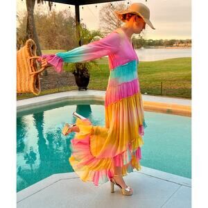 Rococo Sand Rainbow Pastel High-Low Statement Maxi Dress Ombre Metallic NWT L